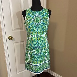 London Times Vibrant Green and Blue Patterned Dress